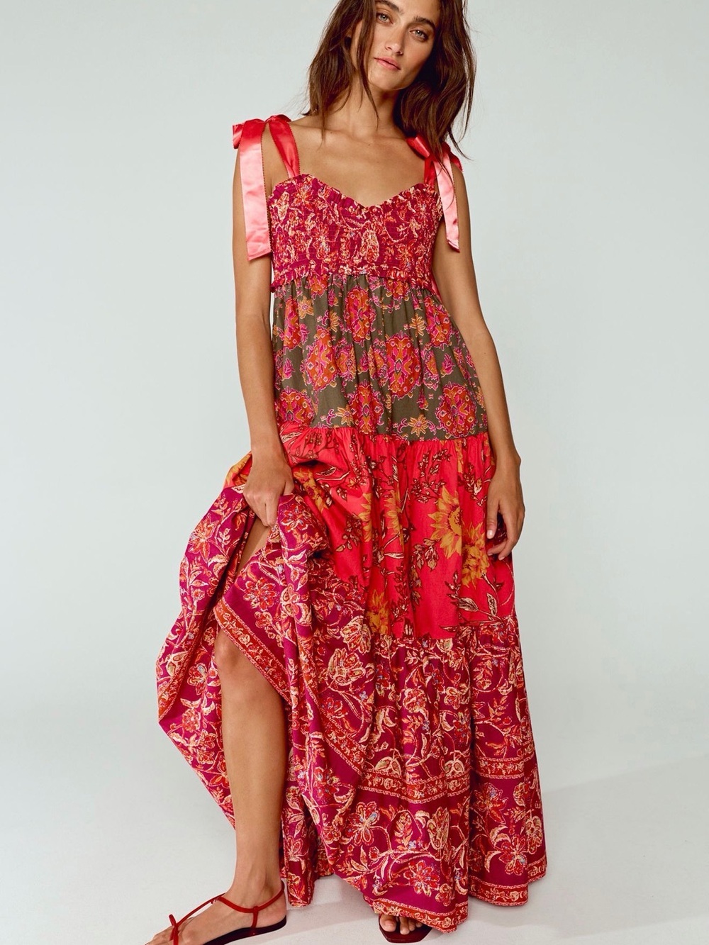 Free People Red & Pink Floral Tie-Shoulder Maxi Dress